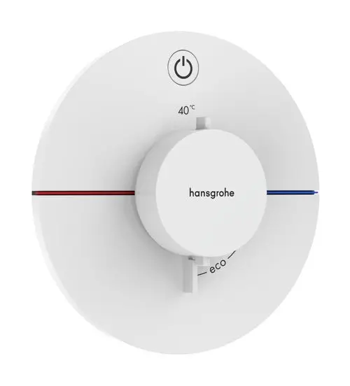 Thermostat zur Temperaturregelung in einem modernen Design, mit einem zentralen Drehregler und klaren Temperatureinstellungen, versehen mit der Marke Hansgrohe.